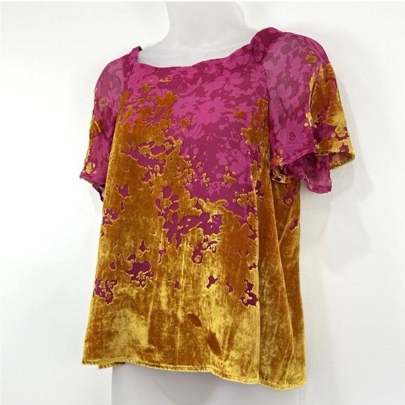 Anthropologie Maeve Top Women S Ombré Shimmer Tee Velvet Burnout Flutter Sleeve - Picture 2 of 7
